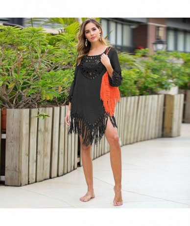 One-Pieces Women Sexy Loose Hollow Out Tassels Swimwear Beachwear Bathing Suit Cover Up - Black - C9194RD3AKW $24.09