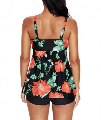 Tankinis Women's Printed Retro Swimsuit Tummy Control Tank Top Tankini Bathing Suit - Floral Black - CV1808SRO7C $43.05