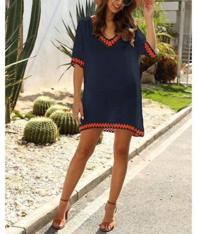 Cover-Ups Women's Beach Swimsuit Coverups Summer Hollow Out Crochet Sleeve Bikini Bathing Suit Cover Up Dress - A-navy Blue -...