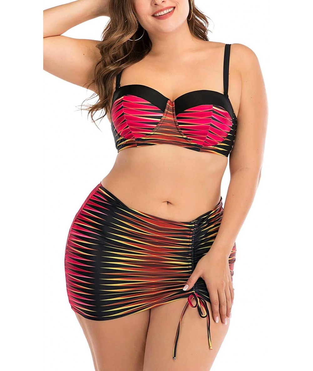 One-Pieces Women's Plus Size Chic Two Pieces/One Piece Swimsuit Cute Modest Bathing Suit - Red Black Stripes - CD190RIN7KN $4...