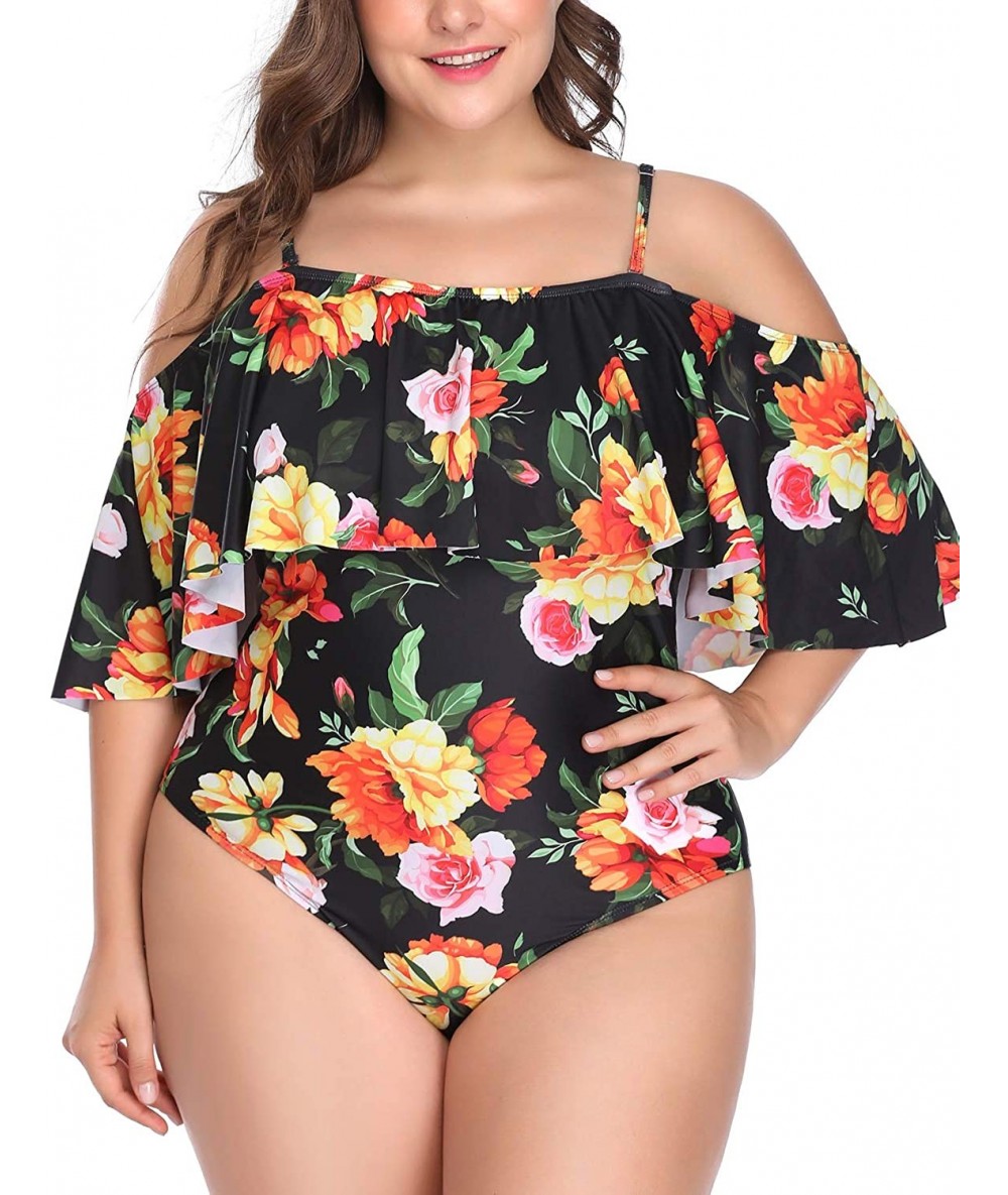 One-Pieces Plus Size One Piece Swimsuits for Women Tummy Control Ruffle Swimwear - Orange - CT18H54W4Q6 $46.51