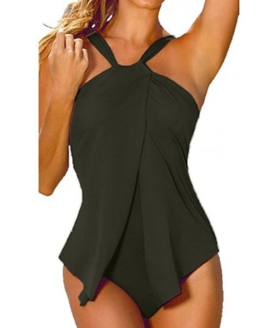 Racing Womens Halter Neck Wrap Split Front Tankini One Piece Swimsuit Monokini - Armygreen - C4183M0RLW5 $24.20