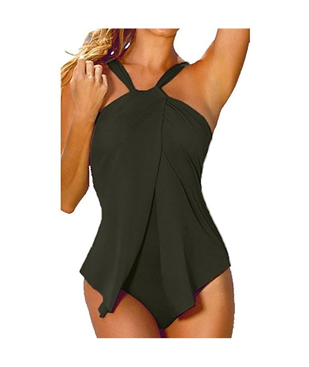 Racing Womens Halter Neck Wrap Split Front Tankini One Piece Swimsuit Monokini - Armygreen - C4183M0RLW5 $24.20