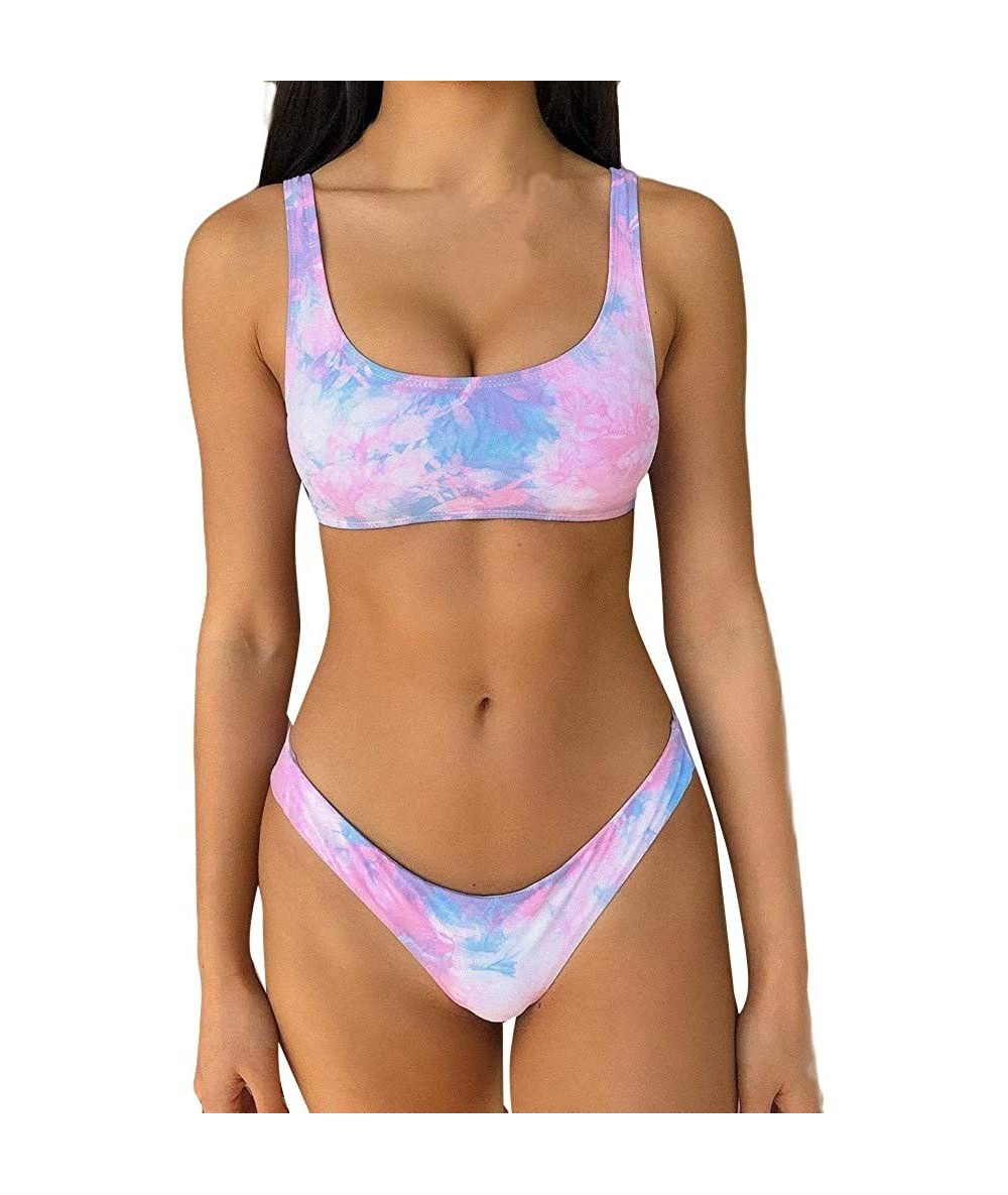 Sets Women High Waisted Tie-dye Swimsuits Two Piece Bikini Sets Summer Beach Padded Bandeau Tops Bathing Suit - Pink - C9199U...