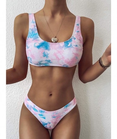 Sets Women High Waisted Tie-dye Swimsuits Two Piece Bikini Sets Summer Beach Padded Bandeau Tops Bathing Suit - Pink - C9199U...