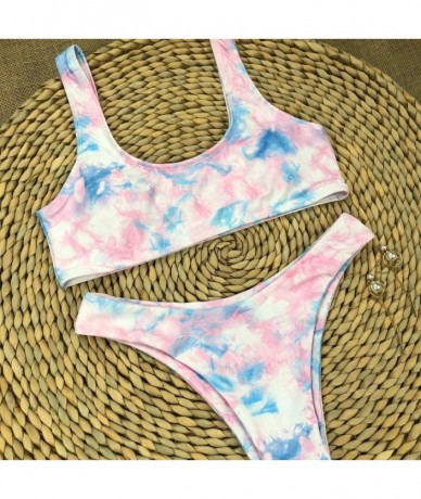 Sets Women High Waisted Tie-dye Swimsuits Two Piece Bikini Sets Summer Beach Padded Bandeau Tops Bathing Suit - Pink - C9199U...