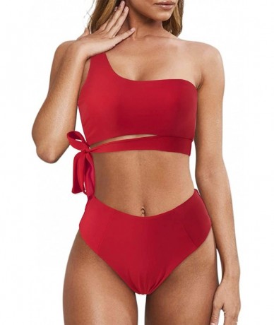 Sets Women One Shoulder High Waisted Bikini Tie High Cut Two Piece Swimsuits - Red - C019D8OARWG $50.46