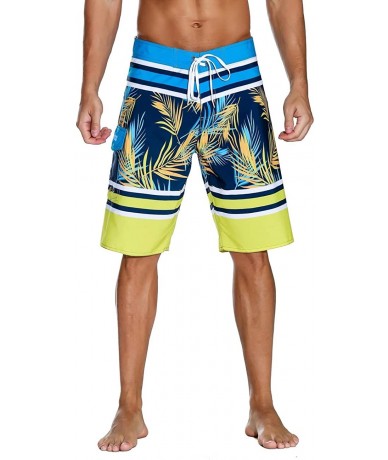 Board Shorts Men's Bathing Board Trunks Beach Shorts Holiday Hawaiian Colorful Striped - Blue and Yellow - C518GOQROSS $33.23