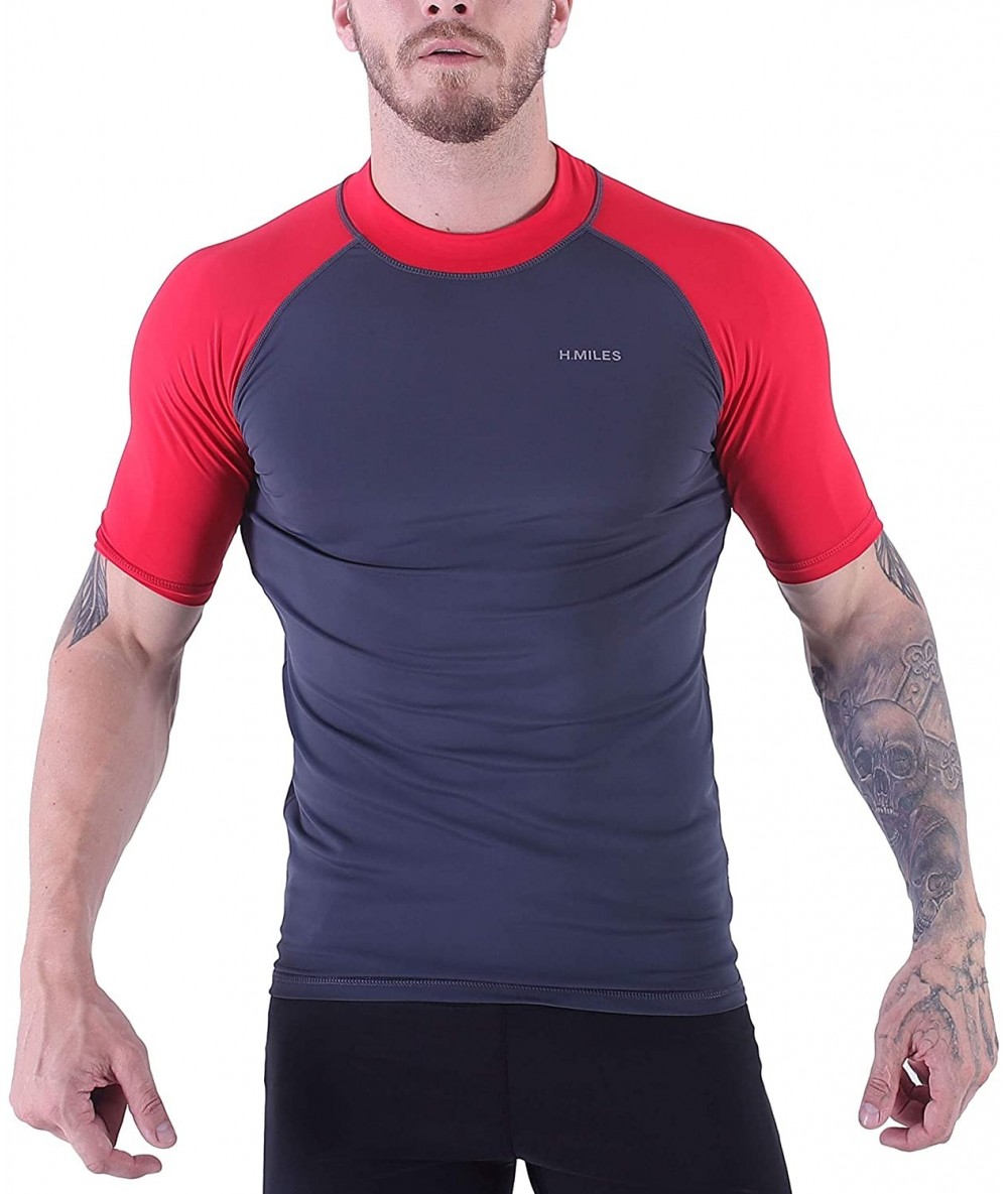 Rash Guards Mens Short Sleeve Rash Guard Swim Shirt Quick Dry Athletic Surfing Tops UPF 50+ - Asphalt/Fuchsin - C518EXWHKAD $...