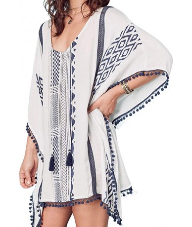 Cover-Ups Women's Floral Flowy Kimono Cover Up Cardigan Long Rayon Beach Dress - White-1 - CQ18Q8A8RXU $26.90