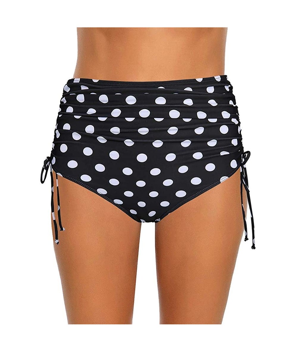 Tankinis Retro Womens High Waisted Bikini Bottom Tankini Swim Black Ruched Side Tie - Polka Dot-black White - CC194L8YL2A $28.84