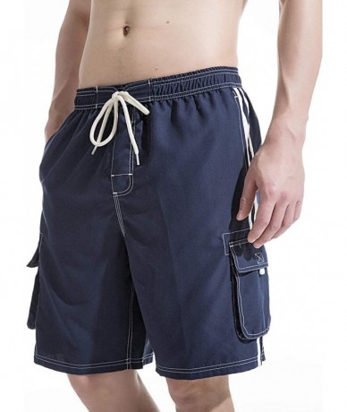 Trunks Mens Beach Board Shorts Swim Trunks with Cargo Pockets - Navy - CU182ECZ82U $34.64