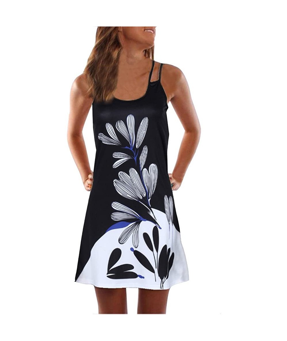 Tops Summer Dresses for Women Beach 3D Butterfly Floral Print Sleeveless Vintage Bohe Tank Short Mini Dress - Black - CC196ZC...