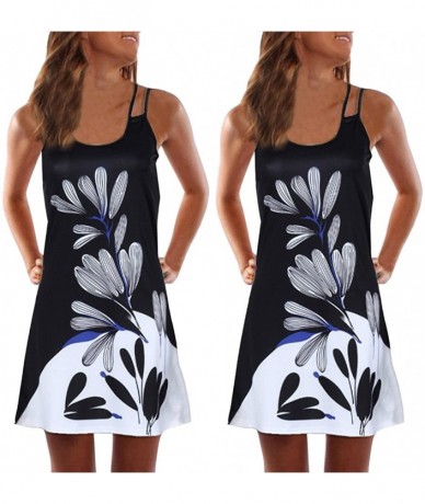 Tops Summer Dresses for Women Beach 3D Butterfly Floral Print Sleeveless Vintage Bohe Tank Short Mini Dress - Black - CC196ZC...