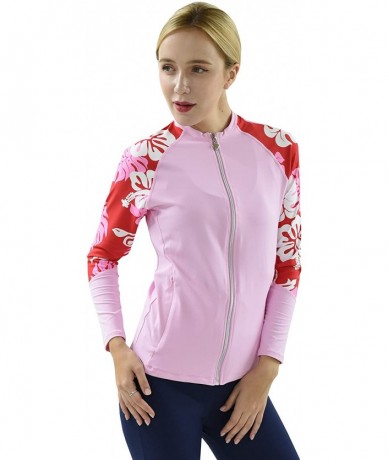 Rash Guards Women Plus Size UPF 50+ Front Zip Up Long Sleeve Top Rash Guard - Pink With Red White - C312NVE3T60 $58.78