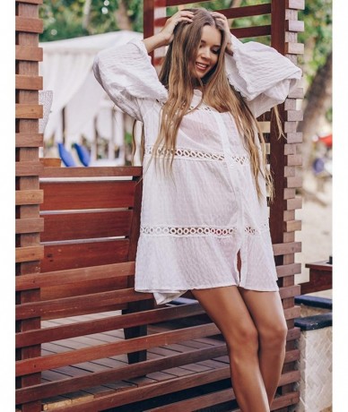 Cover-Ups Women Embroidered Half/Long Sleeve Swimsuit Cover Up Mini Beach Dress - White 9 - CC194GDIXU3 $47.00