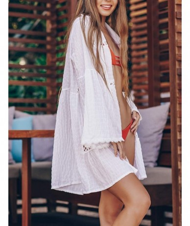 Cover-Ups Women Embroidered Half/Long Sleeve Swimsuit Cover Up Mini Beach Dress - White 9 - CC194GDIXU3 $47.00