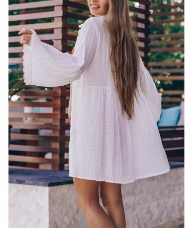 Cover-Ups Women Embroidered Half/Long Sleeve Swimsuit Cover Up Mini Beach Dress - White 9 - CC194GDIXU3 $47.00