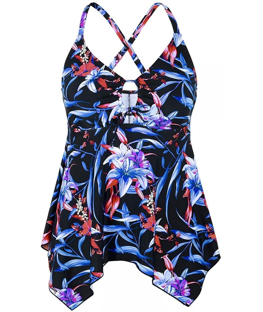 Tankinis Women's Front Tie Swim Top Cross Back Tankini Top Flowy Swimdress Tummy Control - Blue& Purple Floral - CI185D5O4X6 ...