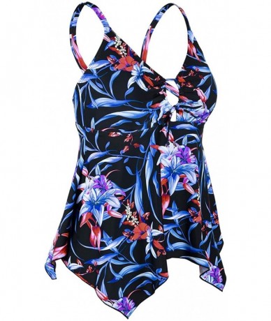 Tankinis Women's Front Tie Swim Top Cross Back Tankini Top Flowy Swimdress Tummy Control - Blue& Purple Floral - CI185D5O4X6 ...