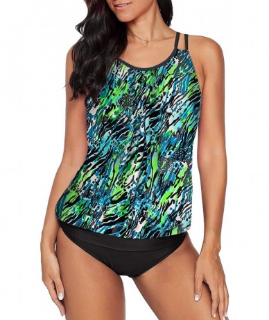 Tankinis Women 2 Piece Blouson Printed Strappy Criss Cross Back Tankini Top with Bikini Bottom Bathing Suits - Az Green - CE1...