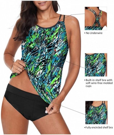 Tankinis Women 2 Piece Blouson Printed Strappy Criss Cross Back Tankini Top with Bikini Bottom Bathing Suits - Az Green - CE1...