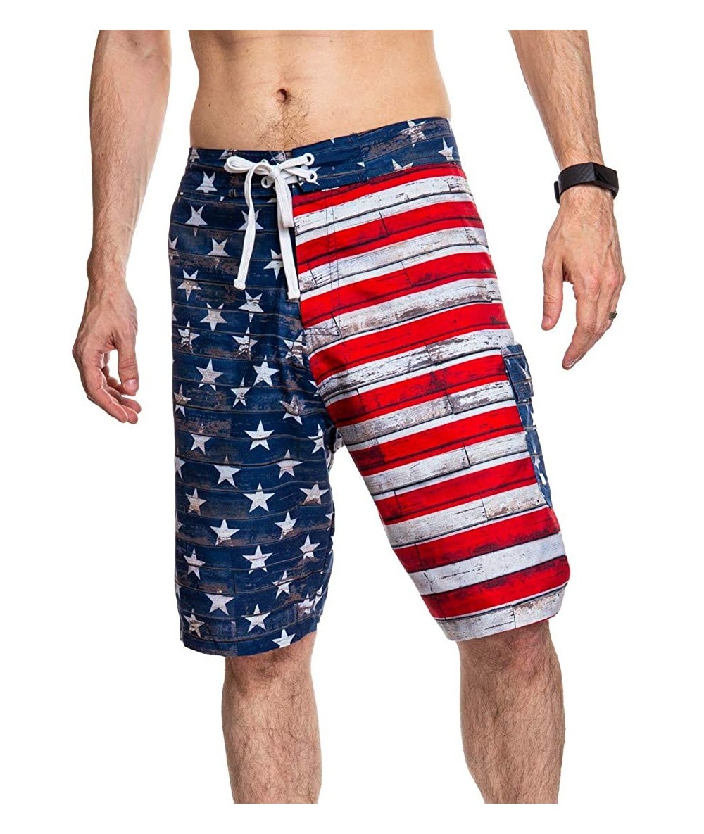 Board Shorts Men's USA Flag Boardshorts- Red/ White/Blue- (Large) - CL17XMLWURZ $46.70