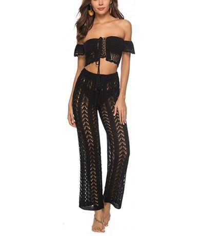 Cover-Ups Sexy Women Crochet Lace Hollow Out Bell-Bottoms Flared Trousers Pants - C-black - CJ18RQ6NRZK $40.33