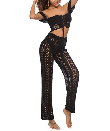 Cover-Ups Sexy Women Crochet Lace Hollow Out Bell-Bottoms Flared Trousers Pants - C-black - CJ18RQ6NRZK $40.33