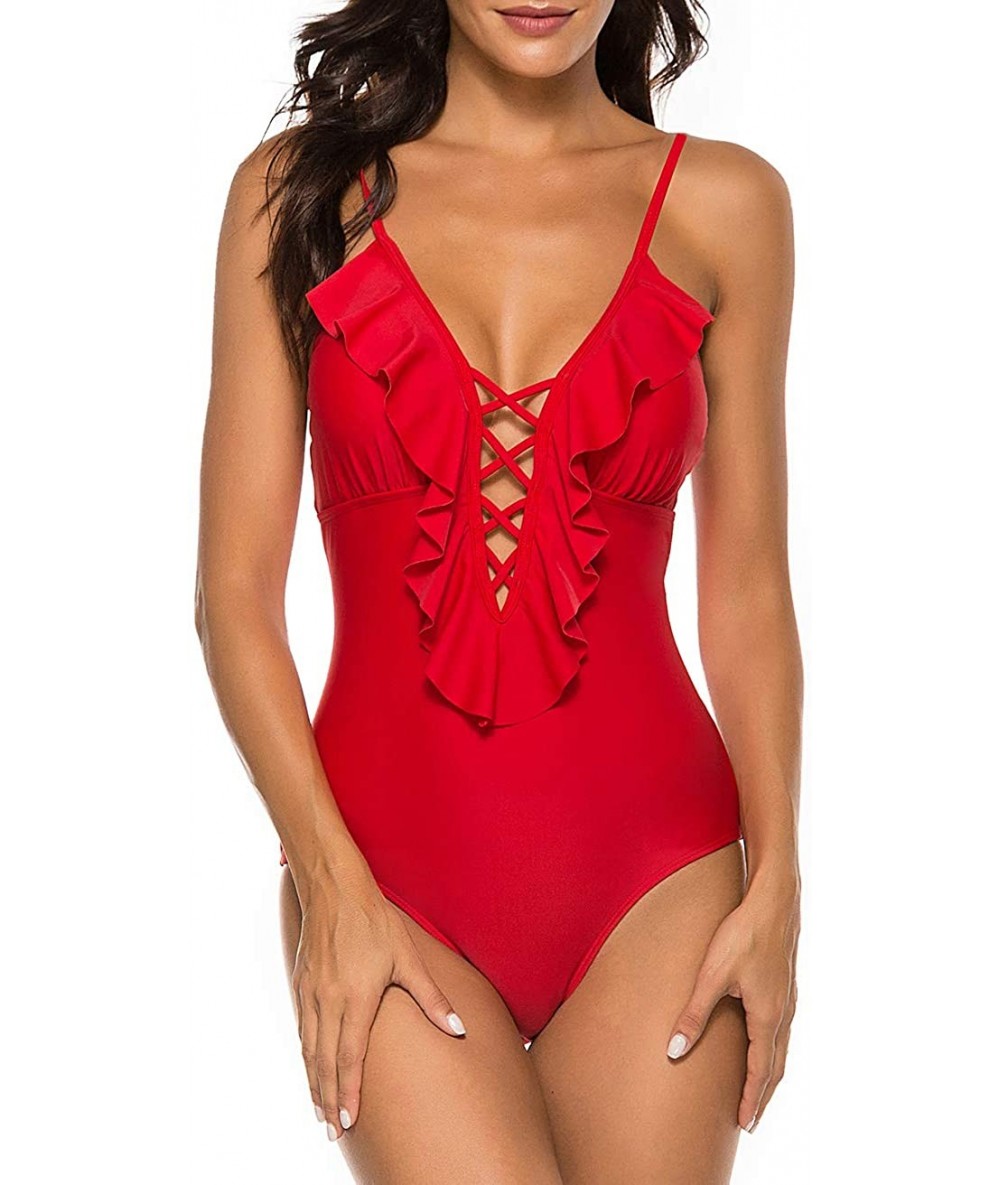 One-Pieces Women's Ruffle Sexy Monokini Bathing Suits Plunging Cutout One Piece Swimsuits - Red-ruffle2 - CK19CS7NQWL $64.01