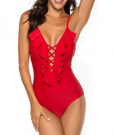 One-Pieces Women's Ruffle Sexy Monokini Bathing Suits Plunging Cutout One Piece Swimsuits - Red-ruffle2 - CK19CS7NQWL $64.01