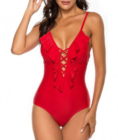 One-Pieces Women's Ruffle Sexy Monokini Bathing Suits Plunging Cutout One Piece Swimsuits - Red-ruffle2 - CK19CS7NQWL $64.01