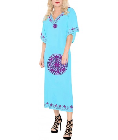 Cover-Ups Women's Plus Size Kaftan Blouse Summer Beach Dress Caftan Embroidery - Summer Blue_d640 - CA17AZZCC7R $40.10