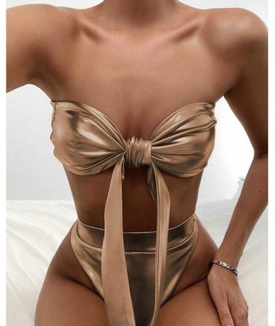 Sets Sexy Liquid Metallic Glitter Two Piece Push Up Swimsuit Female Shiny Solid High Cut Beachwear - Gold 3 - CH18Z0Z5YEG $35.55