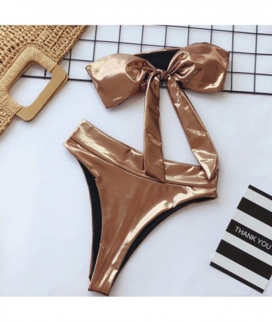 Sets Sexy Liquid Metallic Glitter Two Piece Push Up Swimsuit Female Shiny Solid High Cut Beachwear - Gold 3 - CH18Z0Z5YEG $35.55