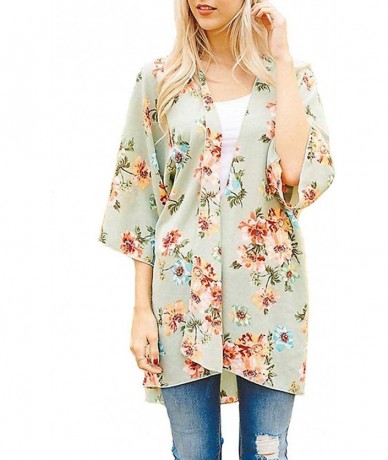 Cover-Ups Women Chiffon Swimsuit Cover Ups Floral Kimono Casual Loose Open Front Cardigan - 89-green - C418TNZX9OX $18.25