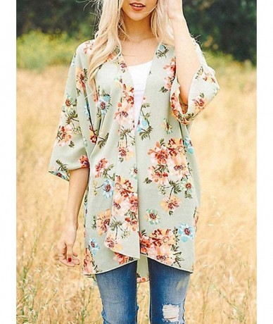 Cover-Ups Women Chiffon Swimsuit Cover Ups Floral Kimono Casual Loose Open Front Cardigan - 89-green - C418TNZX9OX $18.25