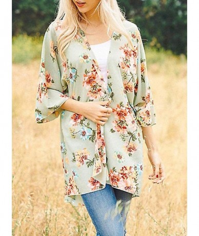 Cover-Ups Women Chiffon Swimsuit Cover Ups Floral Kimono Casual Loose Open Front Cardigan - 89-green - C418TNZX9OX $18.25