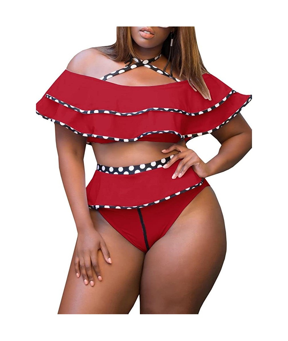 Sets Womens Plus Size Swimwear Ruffle High Waist 2 Piece Bathing Suits Halter Polka Dot Swimsuits - Red - CQ18Q2Z3RYI $46.73