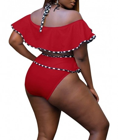 Sets Womens Plus Size Swimwear Ruffle High Waist 2 Piece Bathing Suits Halter Polka Dot Swimsuits - Red - CQ18Q2Z3RYI $46.73