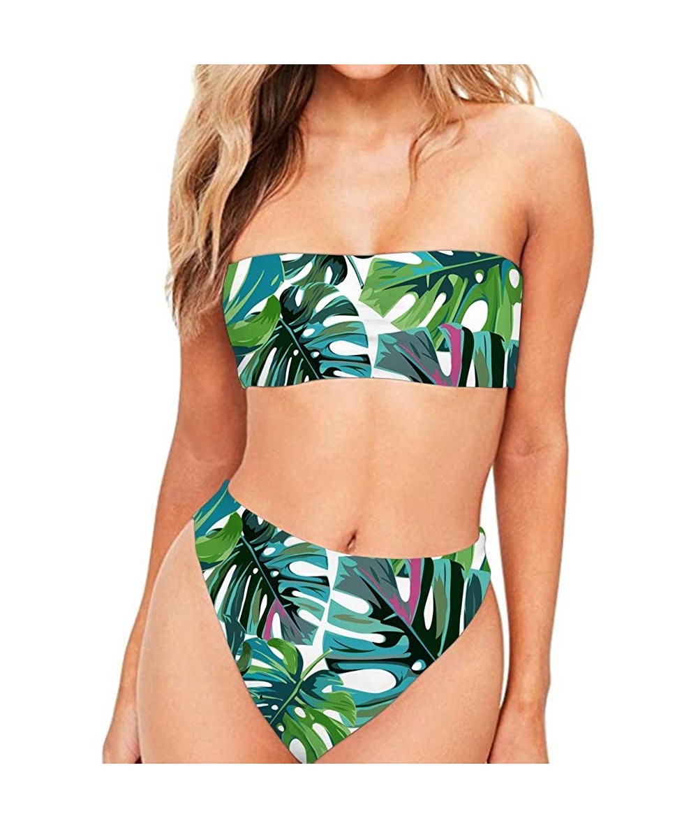 Sets Women's Bandeau Bikini Swimsuits Off Shoulder High Waist Bathing Suit High Cut Tropical Plant Palm Leaf Pattern - Palm L...