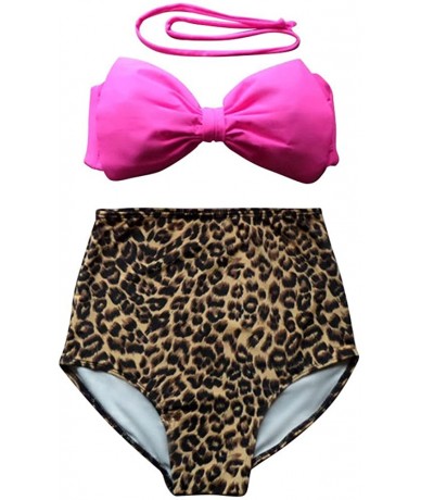 Sets 2PCS Womens High Waisted Swimsuit Bathing Suit Set Beach Bikini Swimwear - Pink Leopard - C618DTRM4SL $25.59