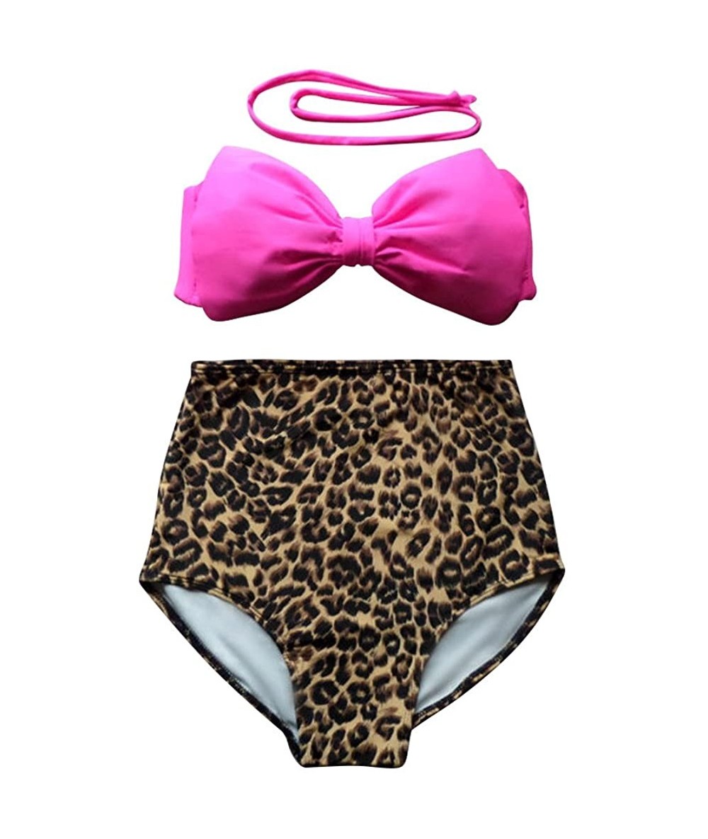 Sets 2PCS Womens High Waisted Swimsuit Bathing Suit Set Beach Bikini Swimwear - Pink Leopard - C618DTRM4SL $25.59