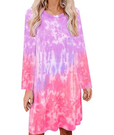 Cover-Ups Womens Plus Size Tie Dye Print Long Sleeve Loungewear Swing Loose Comfy Casual Tank Dress O Neck Mini Dress A pink ...