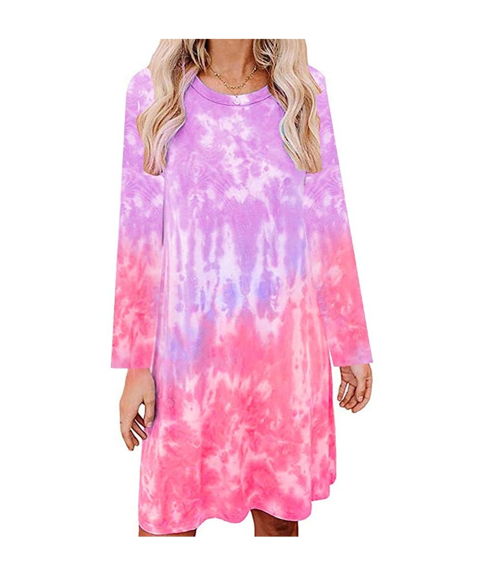 Cover-Ups Womens Plus Size Tie Dye Print Long Sleeve Loungewear Swing Loose Comfy Casual Tank Dress O Neck Mini Dress A pink ...