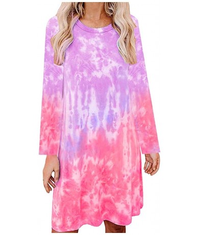 Cover-Ups Womens Plus Size Tie Dye Print Long Sleeve Loungewear Swing Loose Comfy Casual Tank Dress O Neck Mini Dress A pink ...