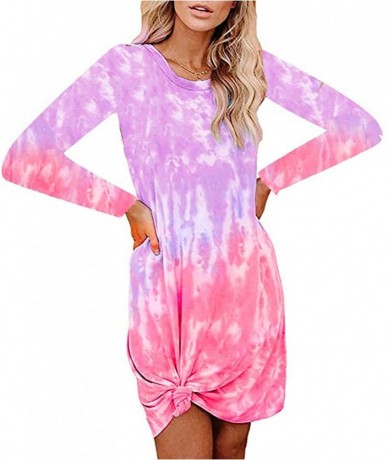 Cover-Ups Womens Plus Size Tie Dye Print Long Sleeve Loungewear Swing Loose Comfy Casual Tank Dress O Neck Mini Dress A pink ...