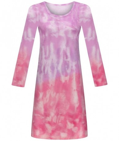 Cover-Ups Womens Plus Size Tie Dye Print Long Sleeve Loungewear Swing Loose Comfy Casual Tank Dress O Neck Mini Dress A pink ...