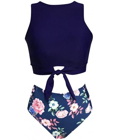 Sets Women's Two Piece Knot Front Crop Top Swimsuit with Floral High Waist Bottom Tank Bikini Set Blue - C818S05LKY0 $33.35