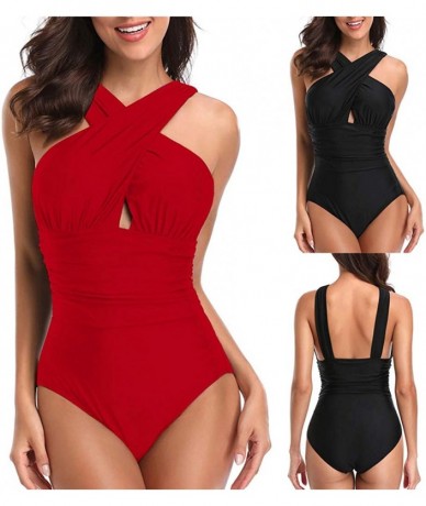 One-Pieces Kaicran Women's Swimsuits One Piece Solid Color Tummy Control Front Cross Backless Swimsuit Bathing Suit Monokini ...